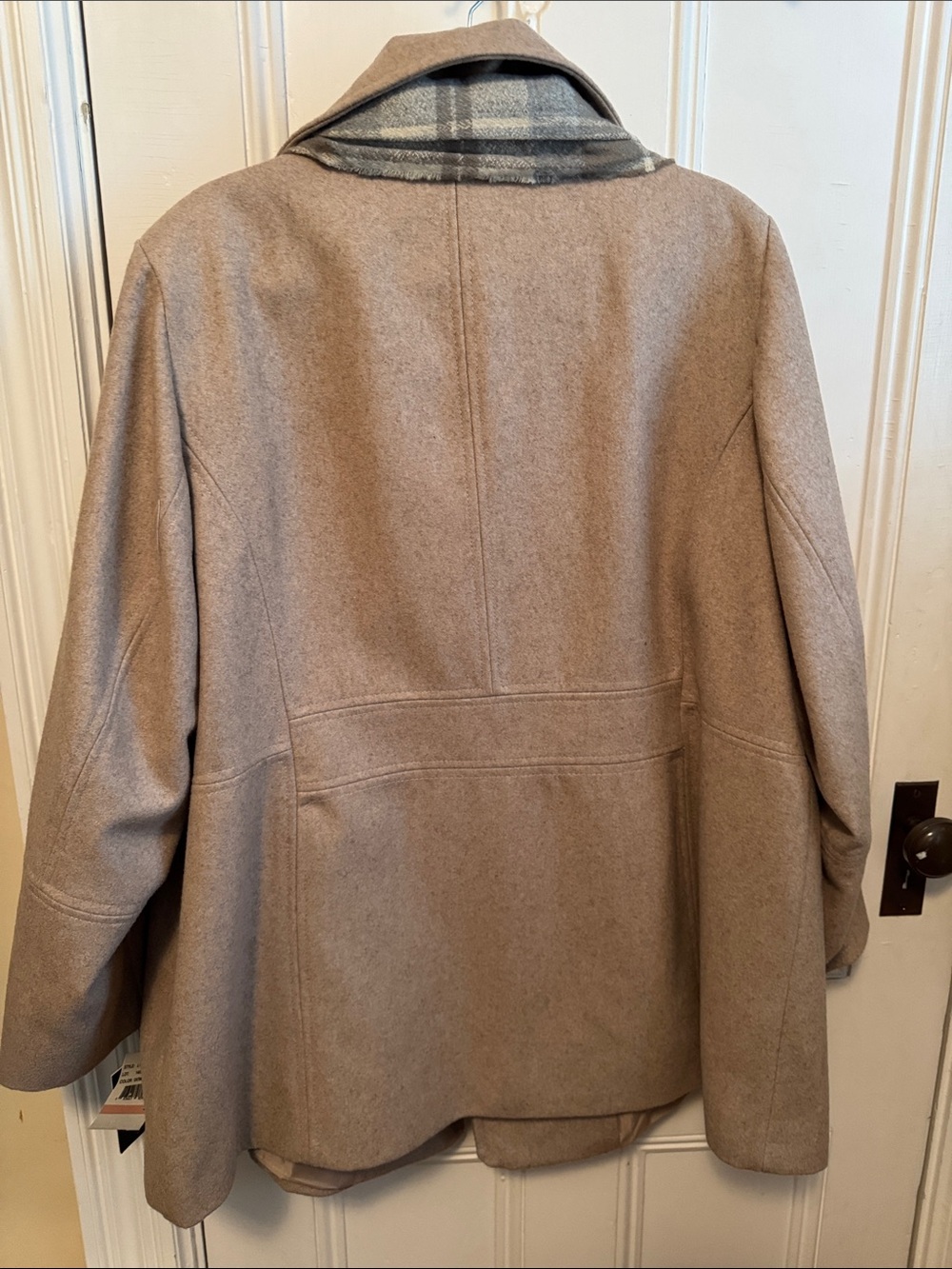 London Fog Taupe Double-Breasted Wool Peacoat with Plaid Scarf - Picture 8 of 9